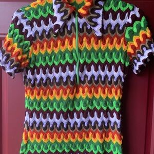 Colorful Hippy 1/2 zip Zigzag crochet Shirt size medium/ large